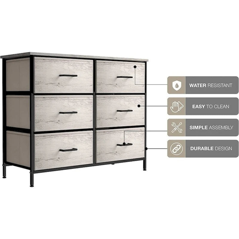 Commode en tissu beige/gris à 6 tiroirs, Meuble de rangement simple