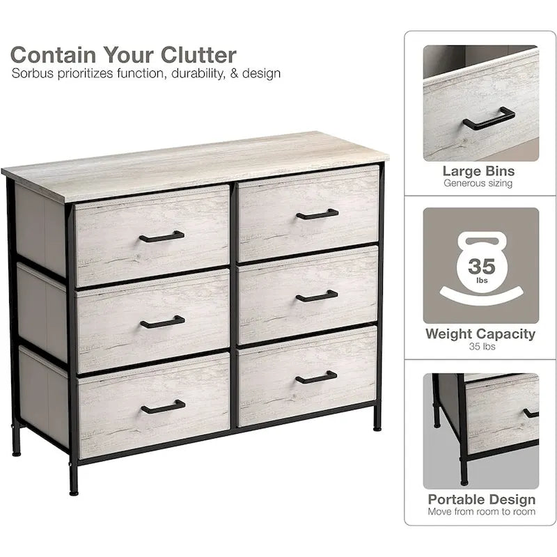 Commode en tissu beige/gris à 6 tiroirs, Meuble de rangement simple