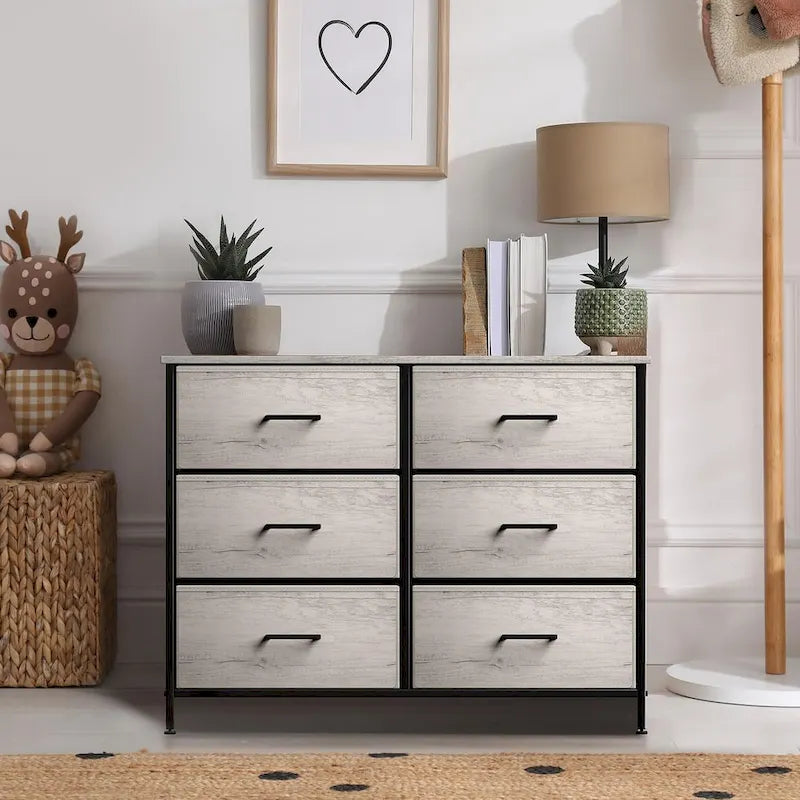 Commode en tissu beige/gris à 6 tiroirs, Meuble de rangement simple