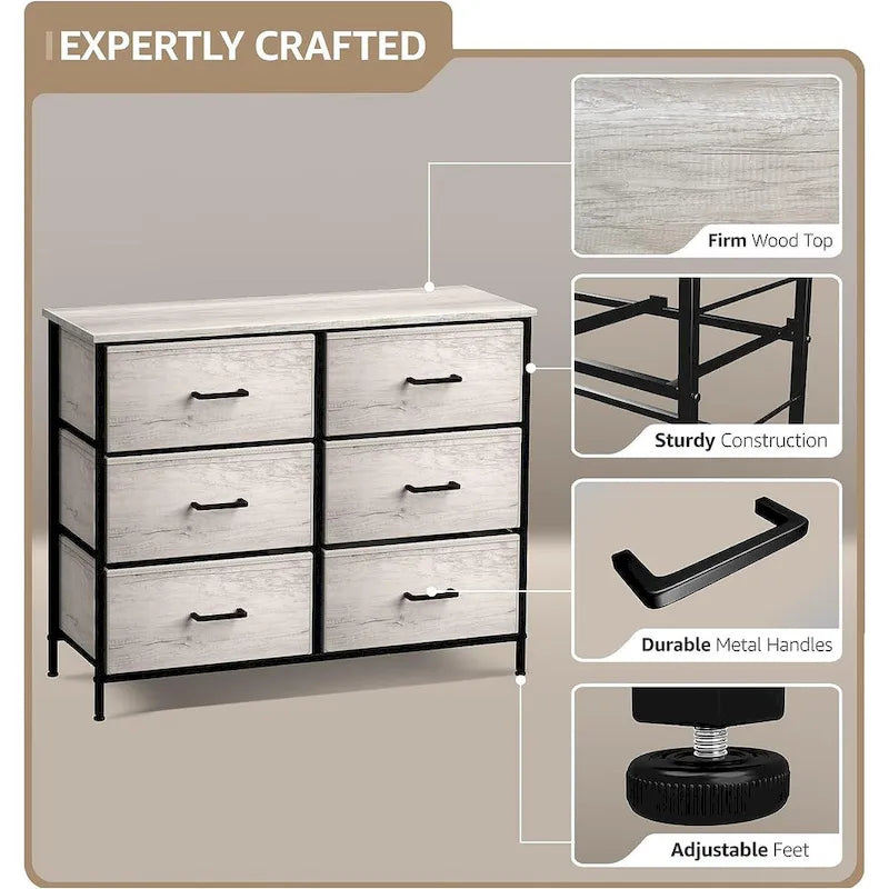 Commode en tissu beige/gris à 6 tiroirs, Meuble de rangement simple