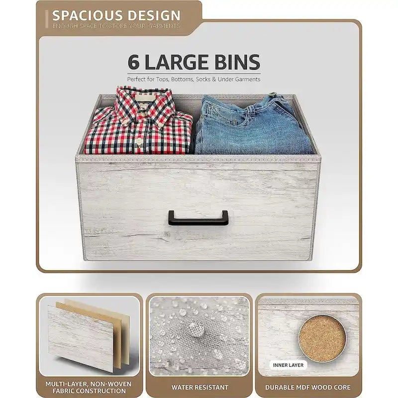 Commode en tissu beige/gris à 6 tiroirs, Meuble de rangement simple