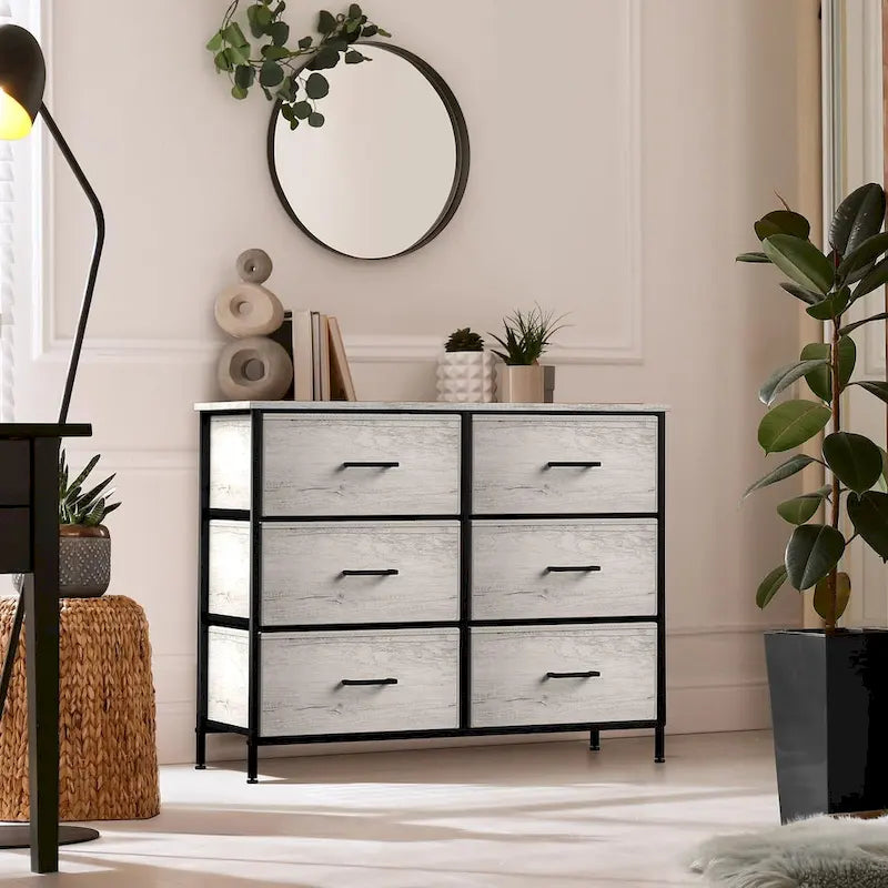 Commode en tissu beige/gris à 6 tiroirs, Meuble de rangement simple