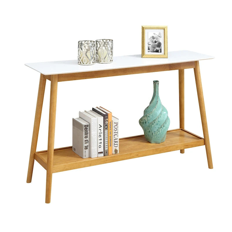 Console laquée blanche brillante avec étagère inférieure, style Mid-Century