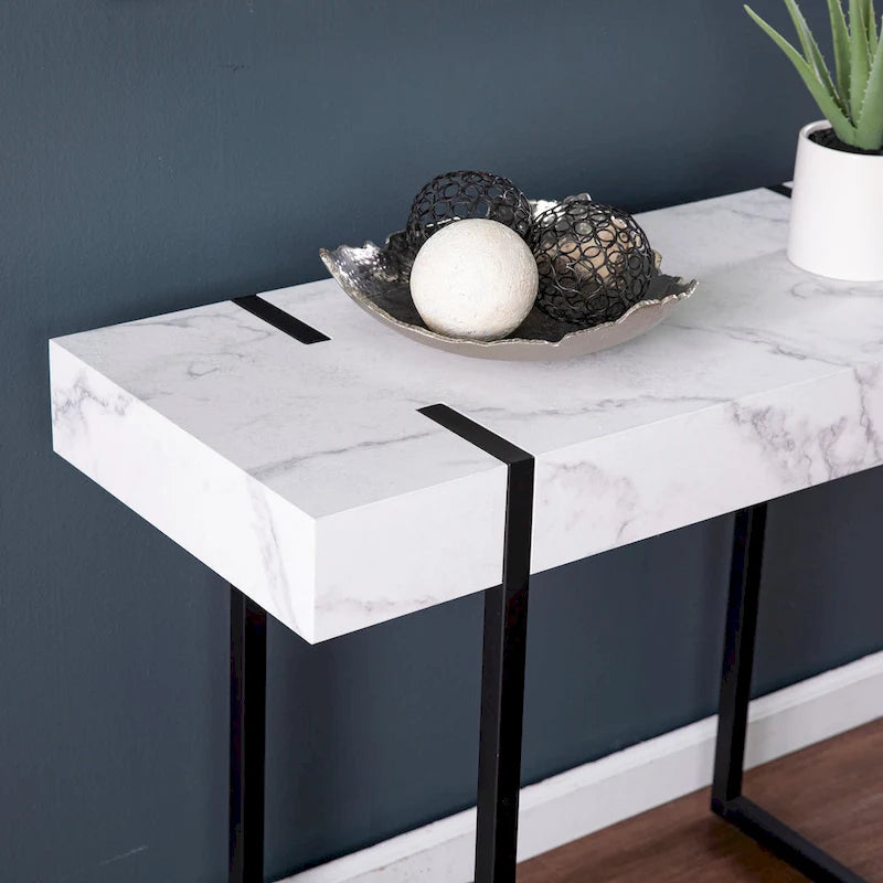 Table console moderne aspect marbre blanc/noir pour 1 personne