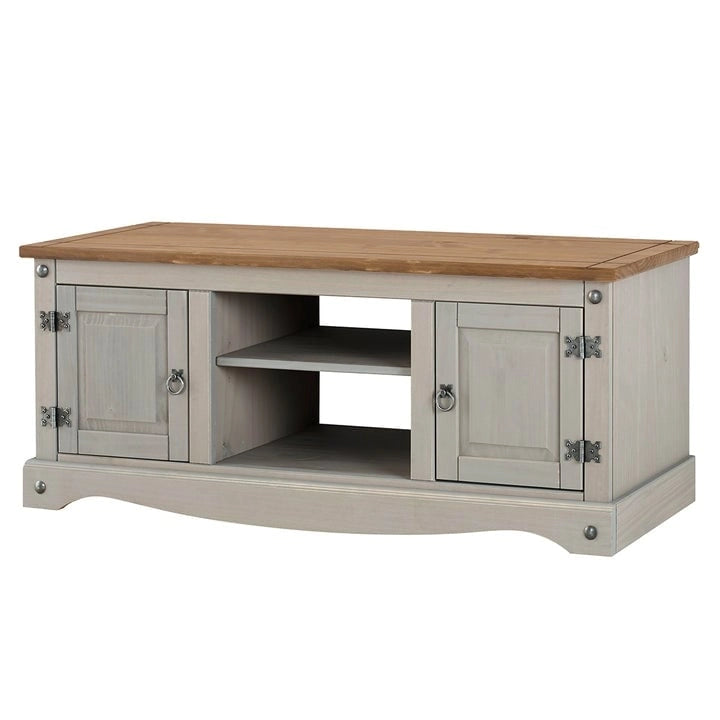 Meuble TV de divertissement en pin massif antique brun et gris délavé, rangement à 2 portes