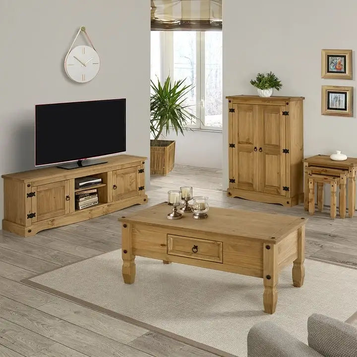 Meuble TV de divertissement en pin massif antique brun et gris délavé, rangement à 2 portes