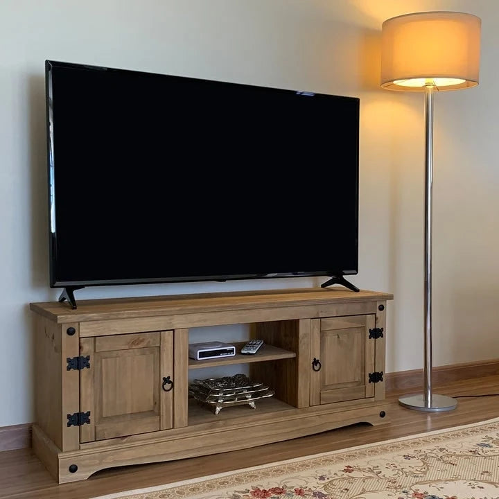 Meuble TV de divertissement en pin massif antique brun et gris délavé, rangement à 2 portes