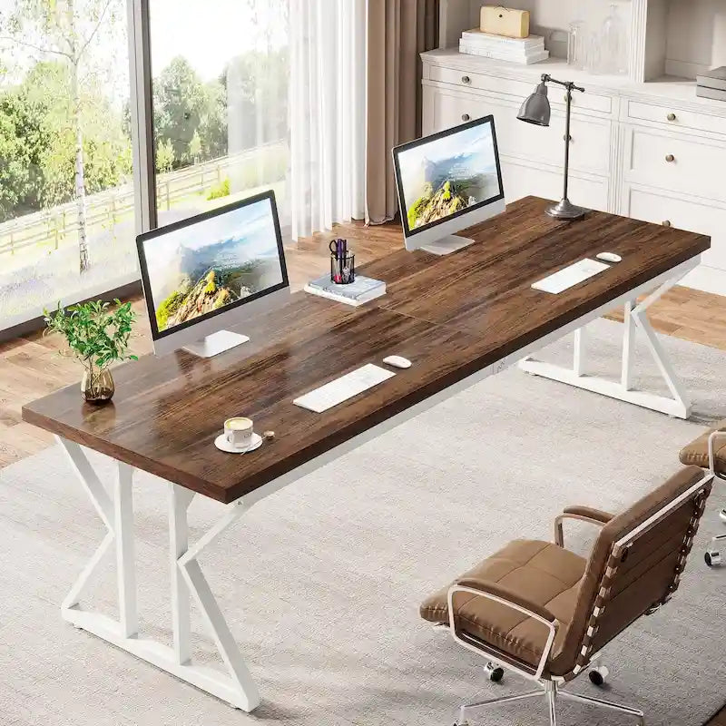 Bureau informatique 2 personnes, marron/blanc et noir, 200 cm de large, style moderne