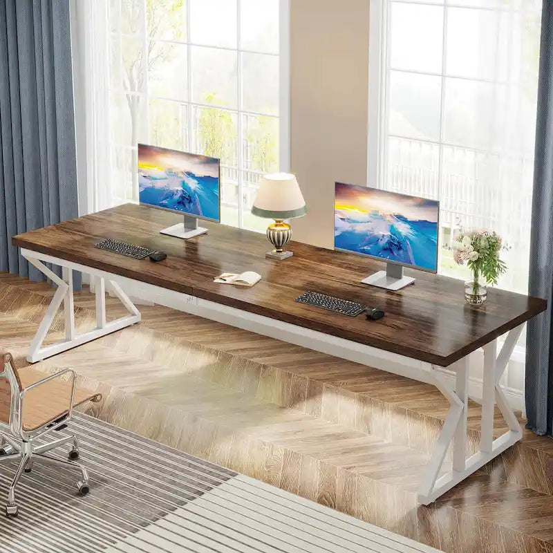 Bureau informatique 2 personnes, marron/blanc et noir, 200 cm de large, style moderne