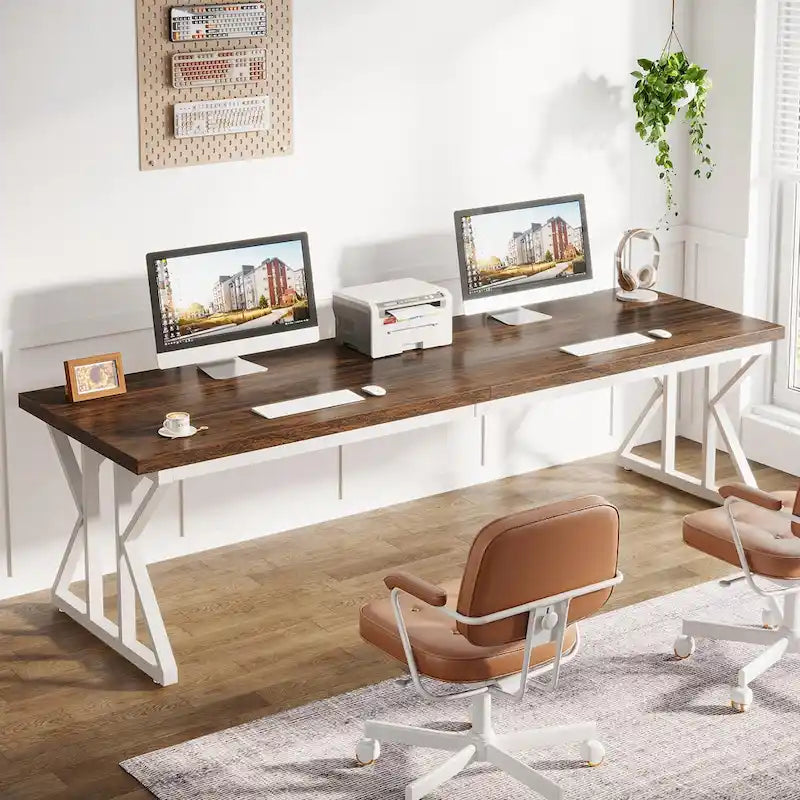 Bureau informatique 2 personnes, marron/blanc et noir, 200 cm de large, style moderne