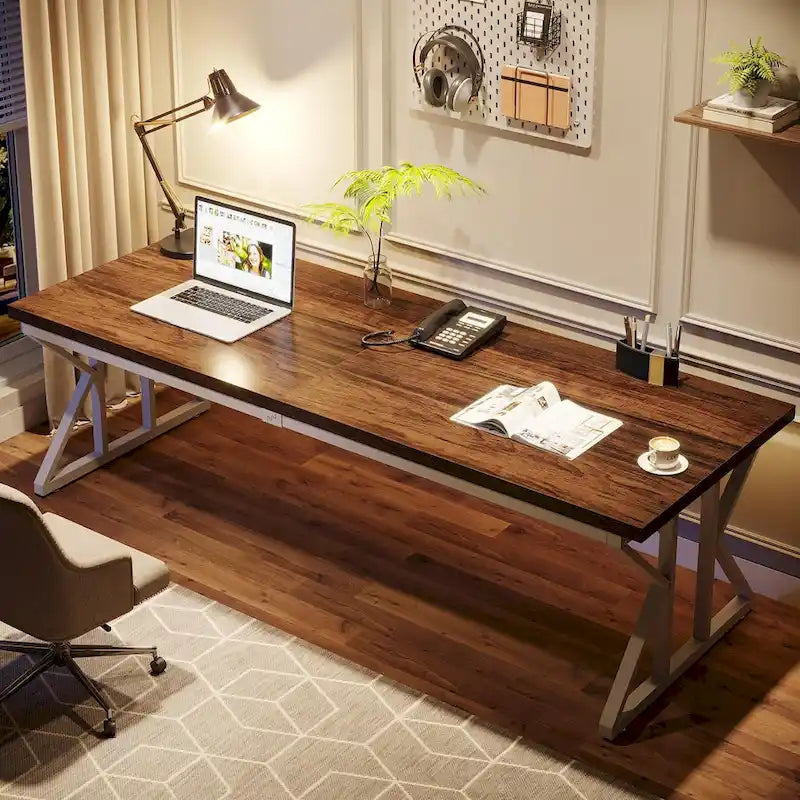 Bureau informatique 2 personnes, marron/blanc et noir, 200 cm de large, style moderne