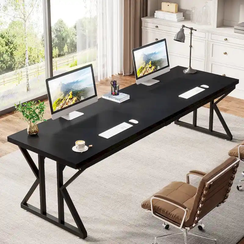 Bureau informatique 2 personnes, marron/blanc et noir, 200 cm de large, style moderne