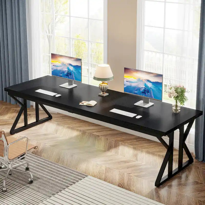 Bureau informatique 2 personnes, marron/blanc et noir, 200 cm de large, style moderne