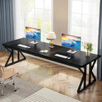 Bureau informatique 2 personnes, marron/blanc et noir, 200 cm de large, style moderne