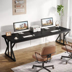 Bureau informatique 2 personnes, marron/blanc et noir, 200 cm de large, style moderne