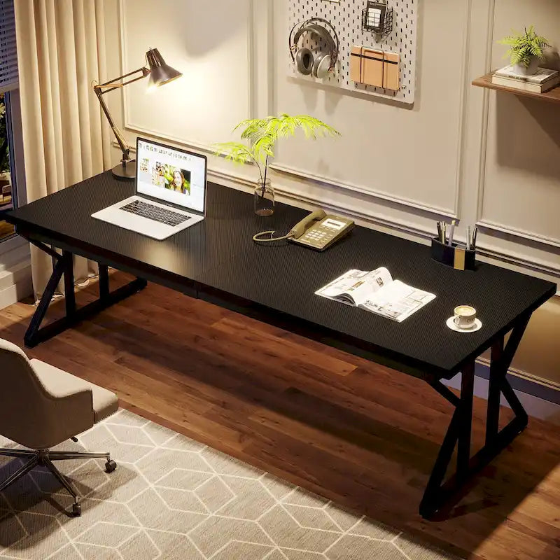 Bureau informatique 2 personnes, marron/blanc et noir, 200 cm de large, style moderne