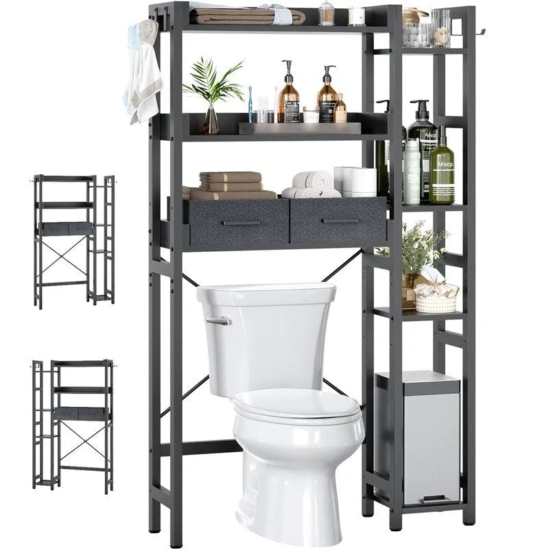 Étagère de rangement de toilettes noir / chêne gris / blanc, 7 niveaux, assemblage par une personne