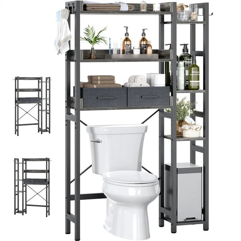 Étagère de rangement de toilettes noir / chêne gris / blanc, 7 niveaux, assemblage par une personne