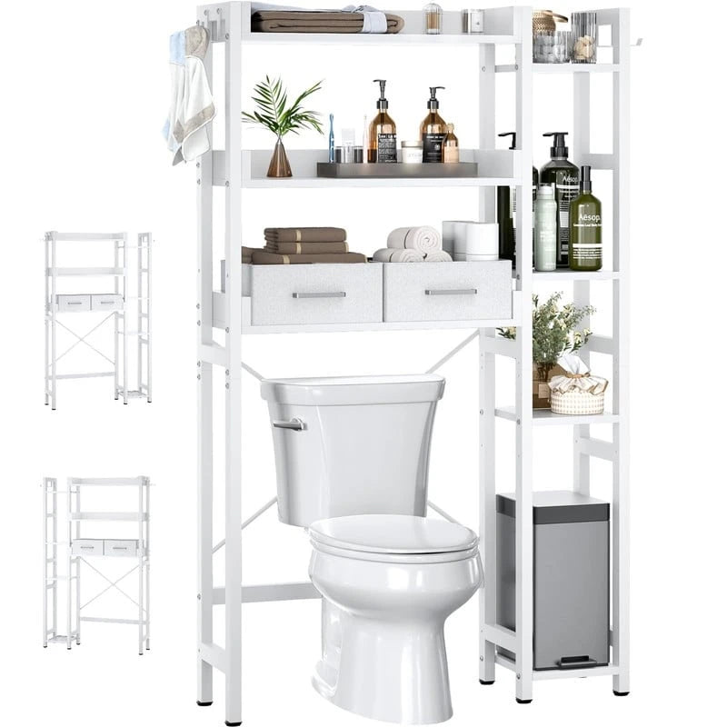 Étagère de rangement de toilettes noir / chêne gris / blanc, 7 niveaux, assemblage par une personne