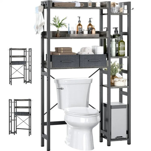 Étagère de rangement de toilettes noir / chêne gris / blanc, 7 niveaux, assemblage par une personne