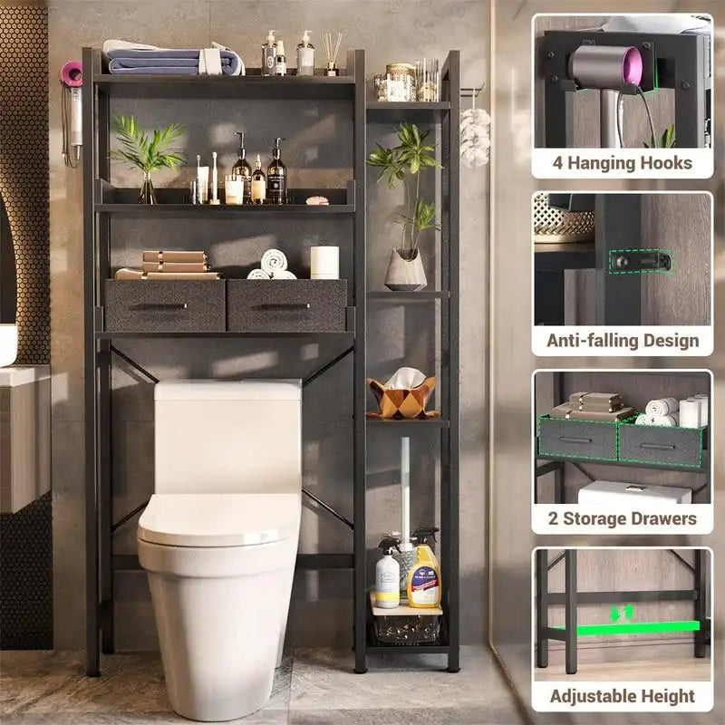 Étagère de rangement de toilettes noir / chêne gris / blanc, 7 niveaux, assemblage par une personne