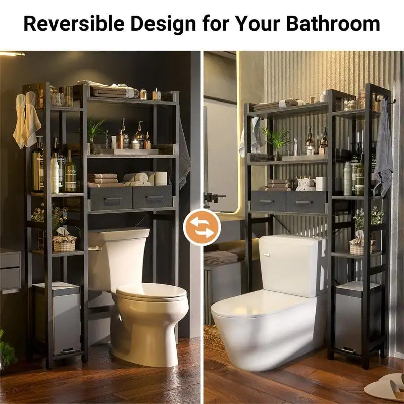 Étagère de rangement de toilettes noir / chêne gris / blanc, 7 niveaux, assemblage par une personne