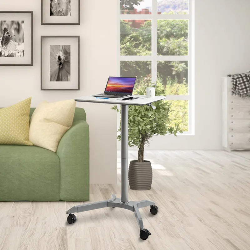 Bureau mobile pneumatique assis-debout simple utilisateur, coloris expresso/blanc