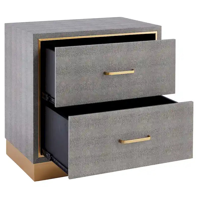 Table d'appoint à 2 tiroirs en similicuir grainé gris avec base dorée
