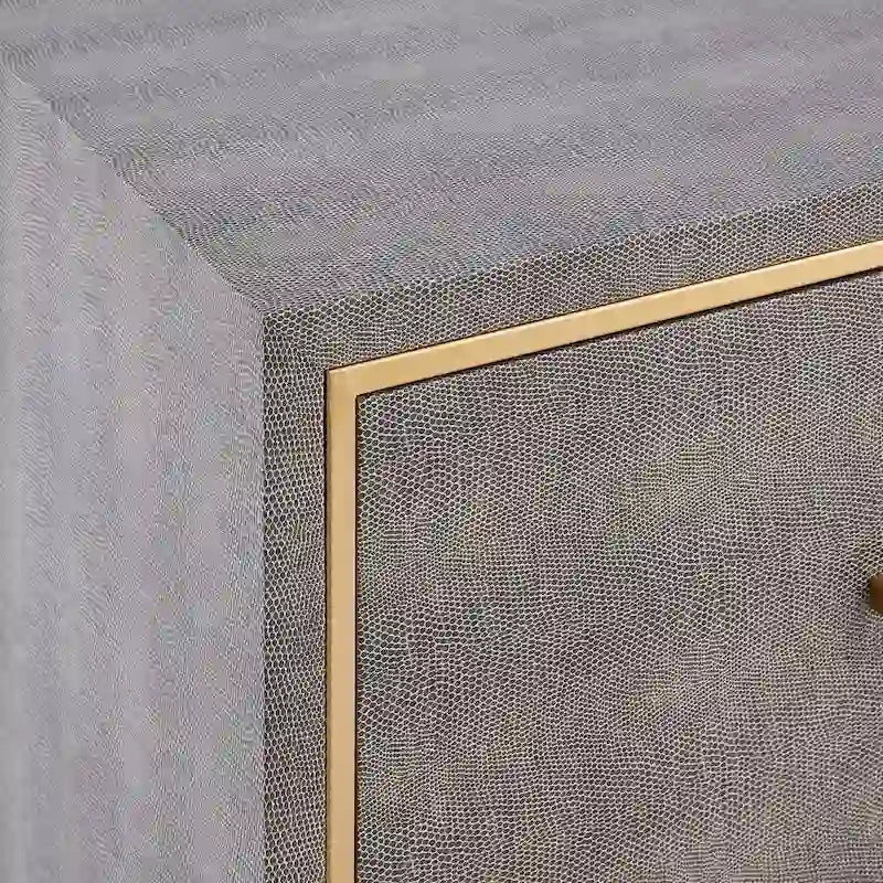 Table d'appoint à 2 tiroirs en similicuir grainé gris avec base dorée