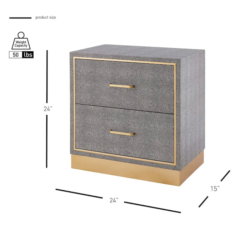 Table d'appoint à 2 tiroirs en similicuir grainé gris avec base dorée
