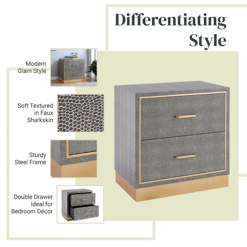 Table d'appoint à 2 tiroirs en similicuir grainé gris avec base dorée