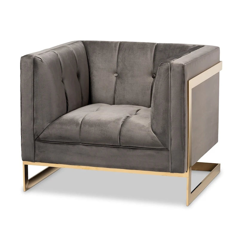 Fauteuil d'appoint capitonné en velours gris/bleu marine avec structure dorée, 1 place