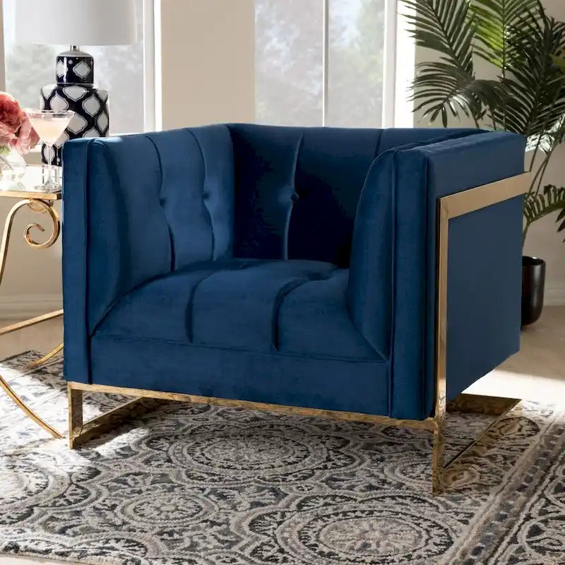 Fauteuil d'appoint capitonné en velours gris/bleu marine avec structure dorée, 1 place
