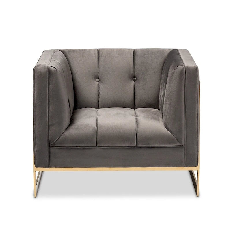Fauteuil d'appoint capitonné en velours gris/bleu marine avec structure dorée, 1 place