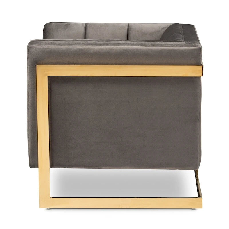 Fauteuil d'appoint capitonné en velours gris/bleu marine avec structure dorée, 1 place