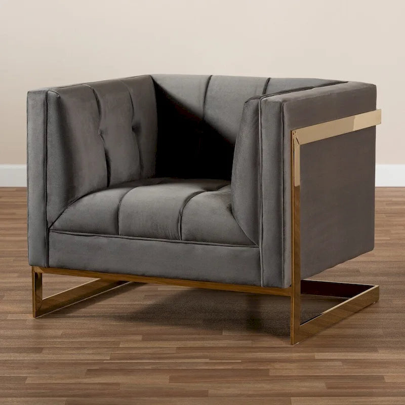 Fauteuil d'appoint capitonné en velours gris/bleu marine avec structure dorée, 1 place