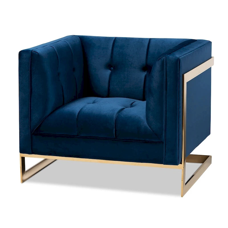 Fauteuil d'appoint capitonné en velours gris/bleu marine avec structure dorée, 1 place