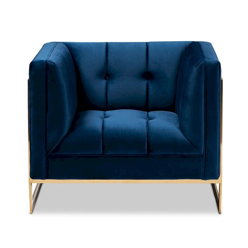 Fauteuil d'appoint capitonné en velours gris/bleu marine avec structure dorée, 1 place
