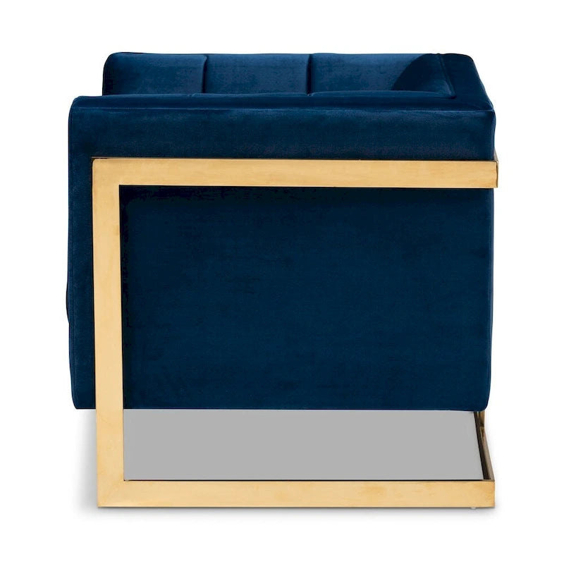 Fauteuil d'appoint capitonné en velours gris/bleu marine avec structure dorée, 1 place
