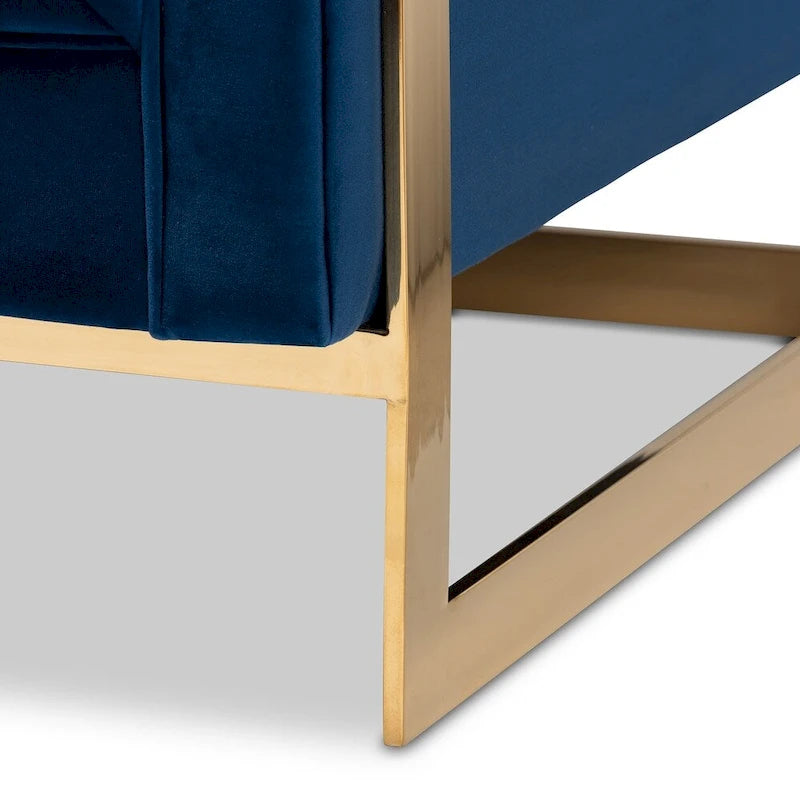 Fauteuil d'appoint capitonné en velours gris/bleu marine avec structure dorée, 1 place