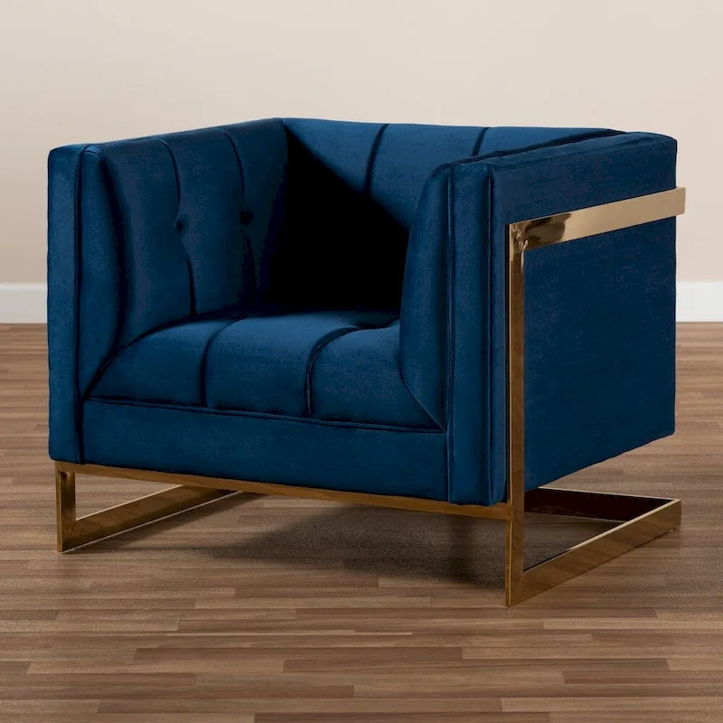 Fauteuil d'appoint capitonné en velours gris/bleu marine avec structure dorée, 1 place