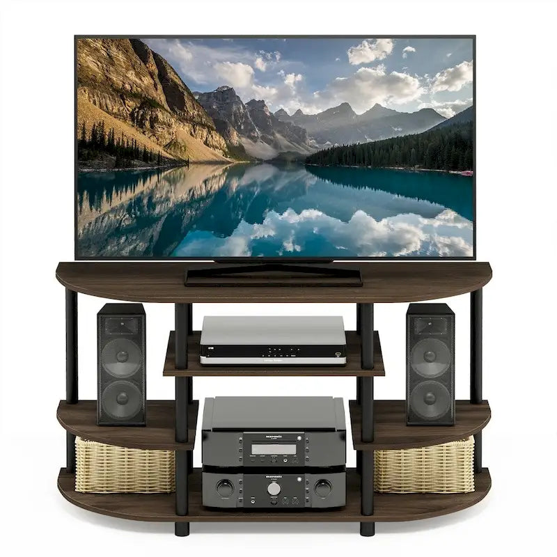 Meuble TV d'angle chêne français et noir – Étagère ouverte, pour un utilisateur