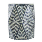Tabouret d'appoint hexagonal bleu et blanc, bois et coquille de capiz