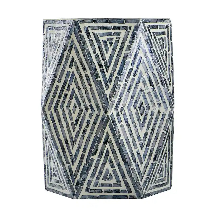 Tabouret d'appoint hexagonal bleu et blanc, bois et coquille de capiz