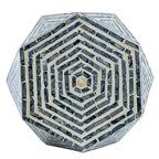 Tabouret d'appoint hexagonal bleu et blanc, bois et coquille de capiz