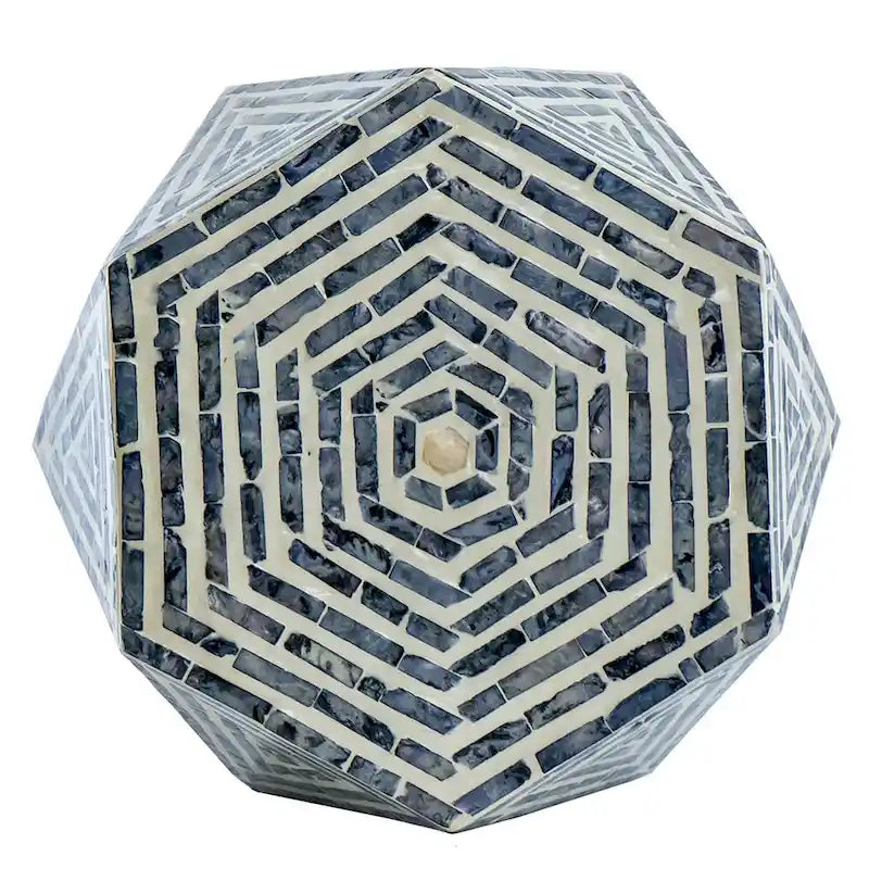 Tabouret d'appoint hexagonal bleu et blanc, bois et coquille de capiz