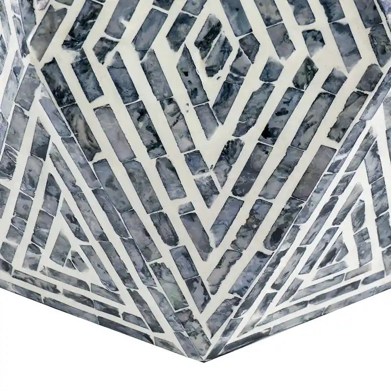 Tabouret d'appoint hexagonal bleu et blanc, bois et coquille de capiz
