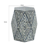 Tabouret d'appoint hexagonal bleu et blanc, bois et coquille de capiz