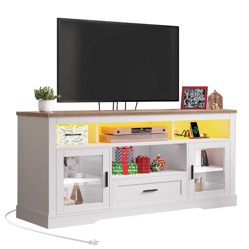 Meuble TV blanc à LED avec lumières RGB et portes en acrylique, compatible TV jusqu'à 70", montage par 1 personne