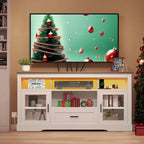 Meuble TV blanc à LED avec lumières RGB et portes en acrylique, compatible TV jusqu'à 70", montage par 1 personne